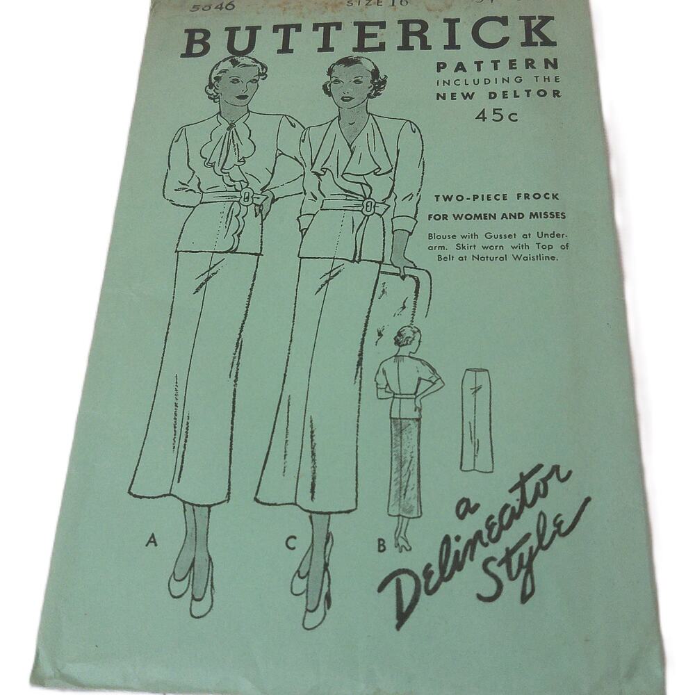Antique 1920s Butterick 5846 Two-Piece Frock Pattern Uncut New Deltor Size 16